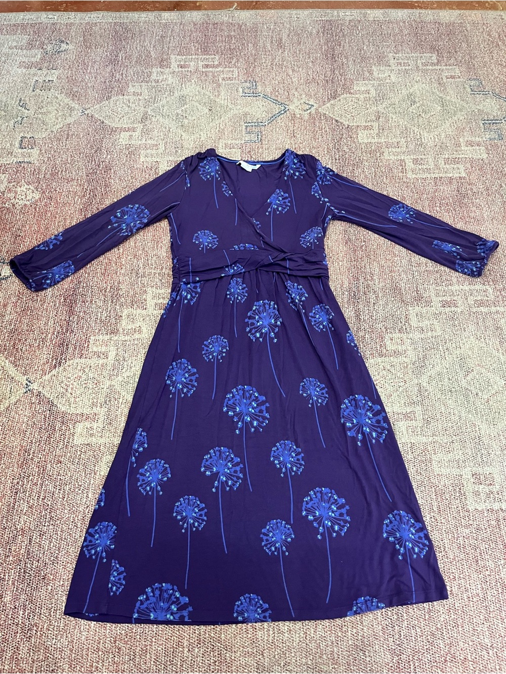 Boden Dandelion print long sleeve v neck faux wrap midi dress size 6